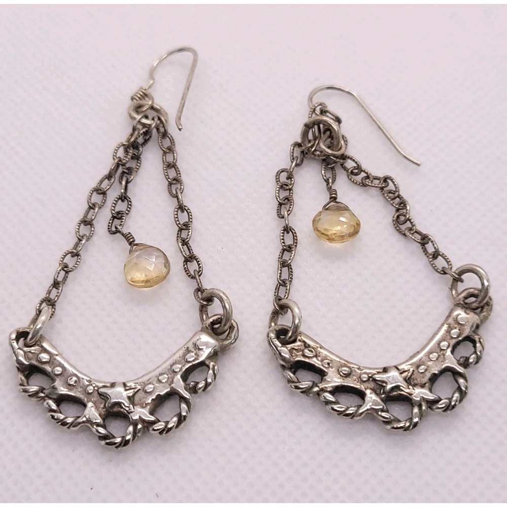 Vintage 1990s Silver Tone Yellow Glass Chandelier Chain Dangle Earrings